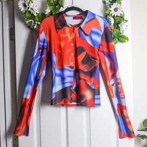 KAI Collective Button Up Long Sleeve Shirt Abstract Colorful Stretch Top size XL